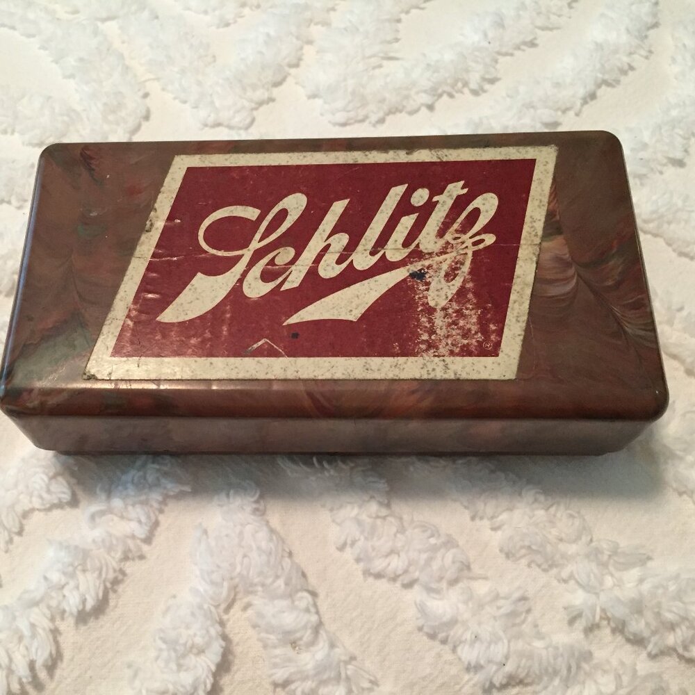 Vintage Schlitz Beer Poker Chip Holder w/Unmarked Poker Chips Plastic Box Holder